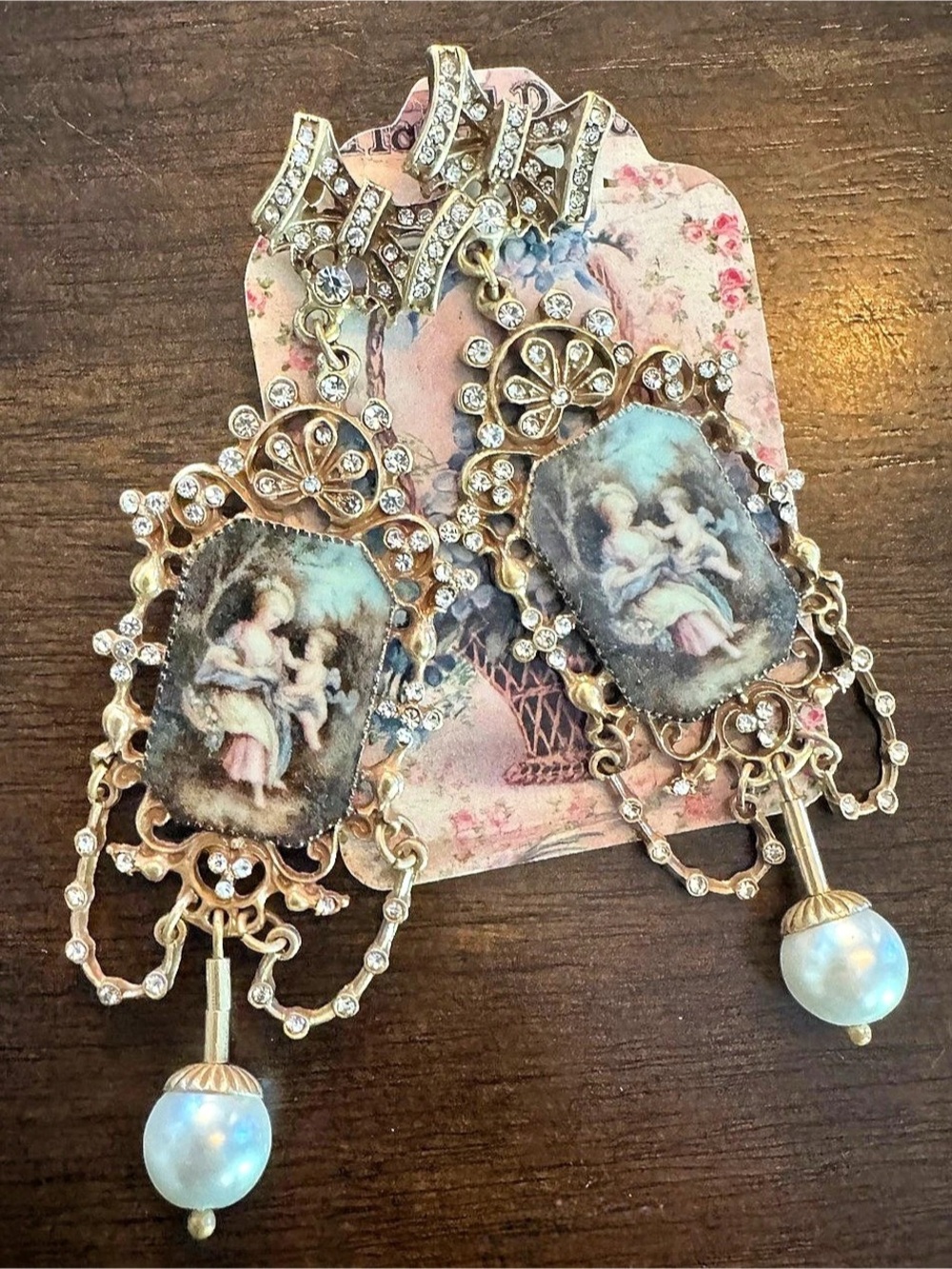 Vintage-Style Floral Earrings in Gold & Blue Like New